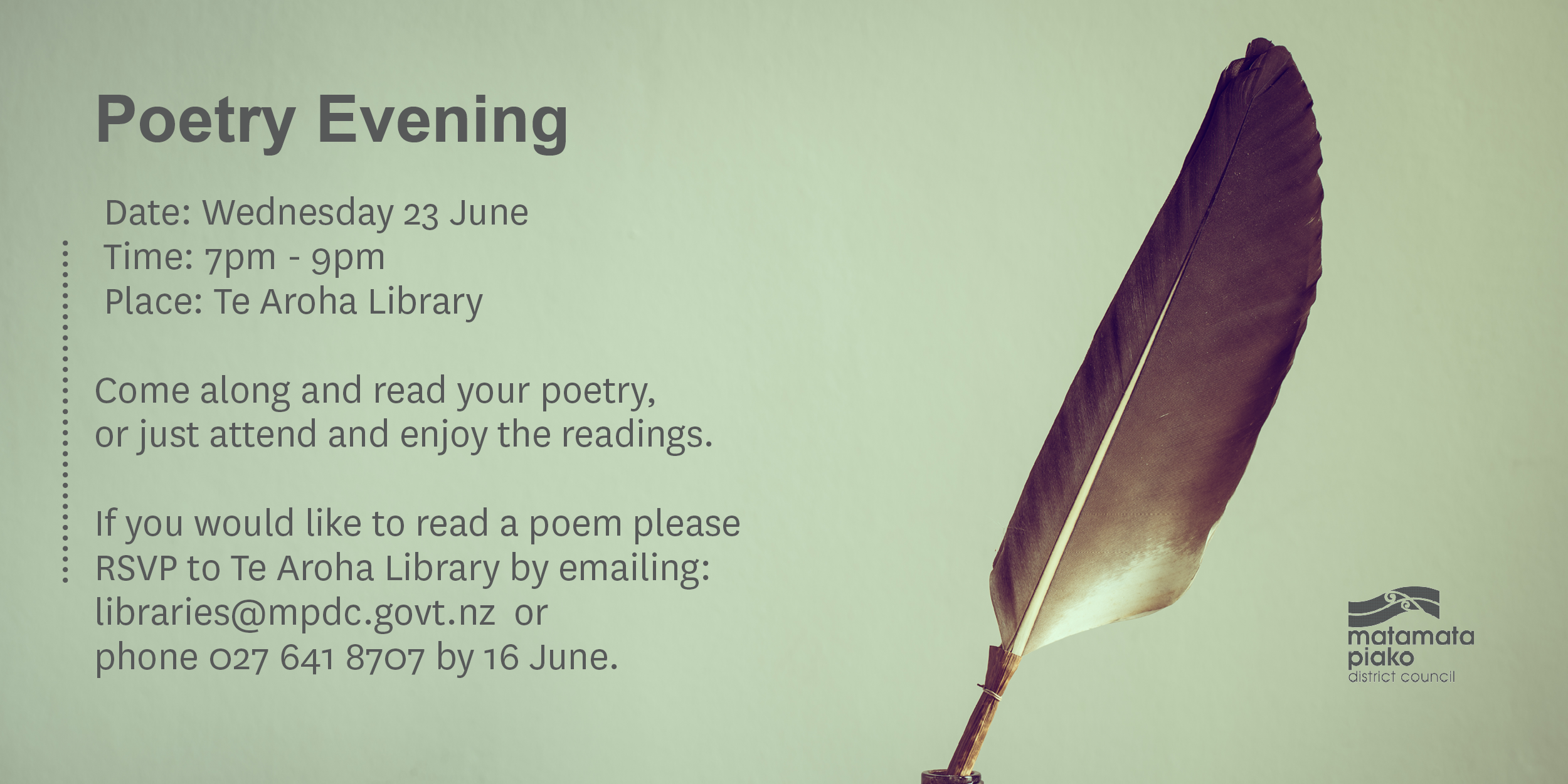Poetry Evening - Te Aroha Library - Wednesday 23 June at 7pm 