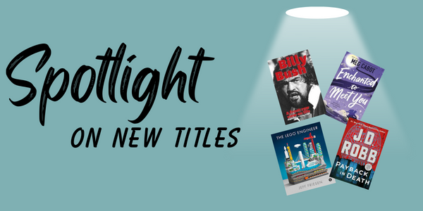 Text, spotlight on new titles. Four book covers below a spotlight. 