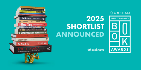 Image of pile of books with text 2025 Shortlist announced along with Ockham book awards logo