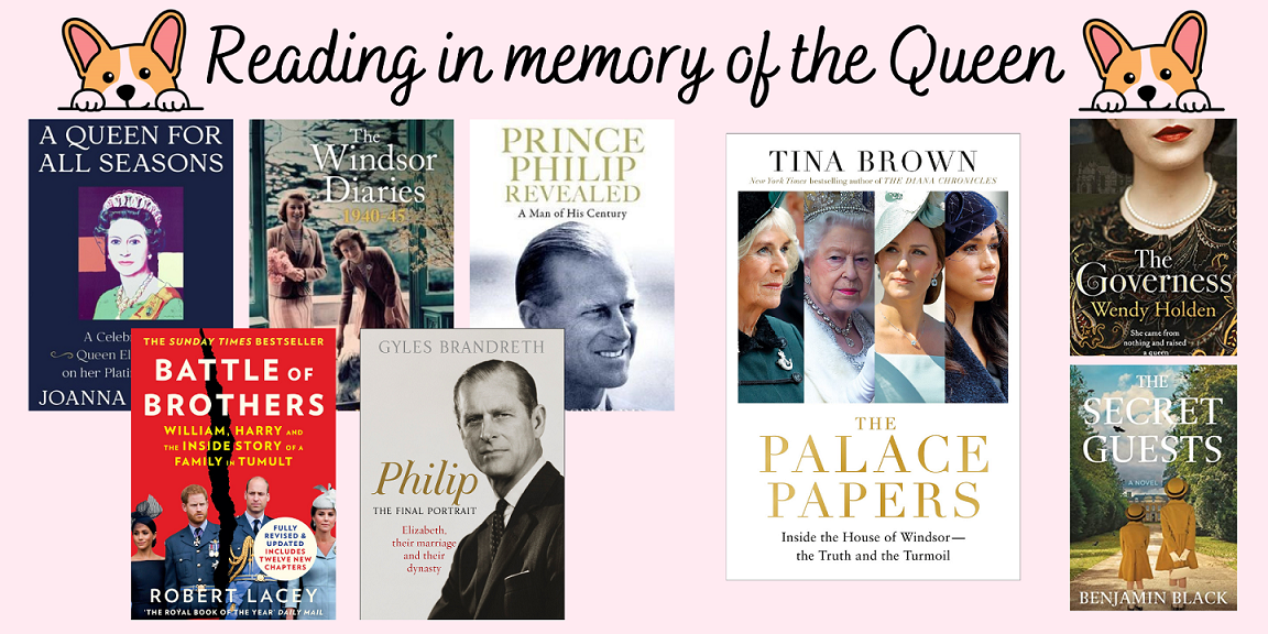 Reading in memory of the queen, images of book covers and corgi